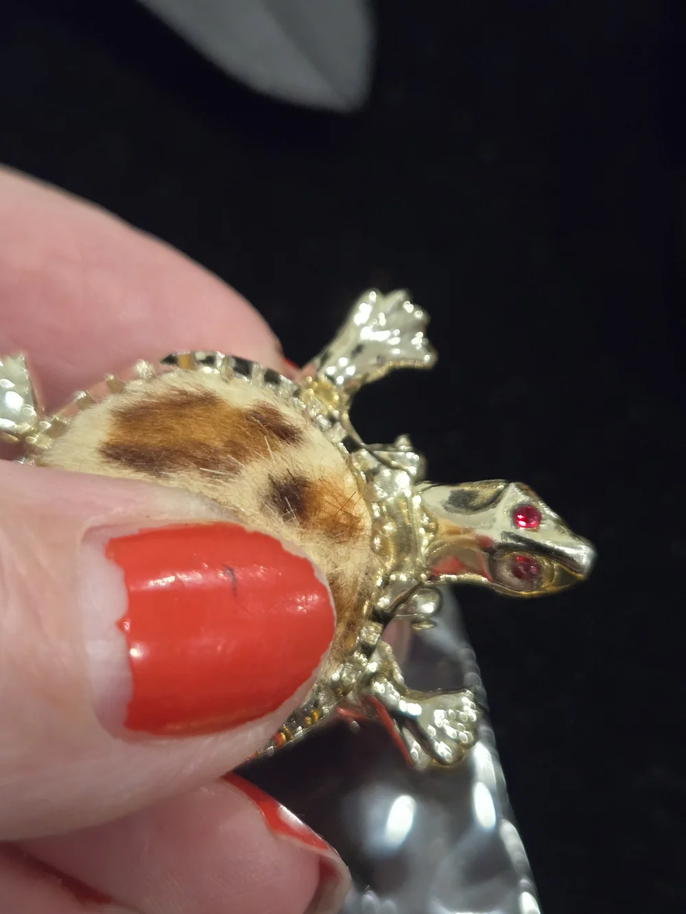 Mid-century Turtle Novelty Locket Brooch with Faux Fur